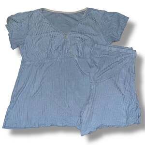 Maternity Light Blue Crinkled V-Neck Top & Shorts Set - Comfortable Loungewear